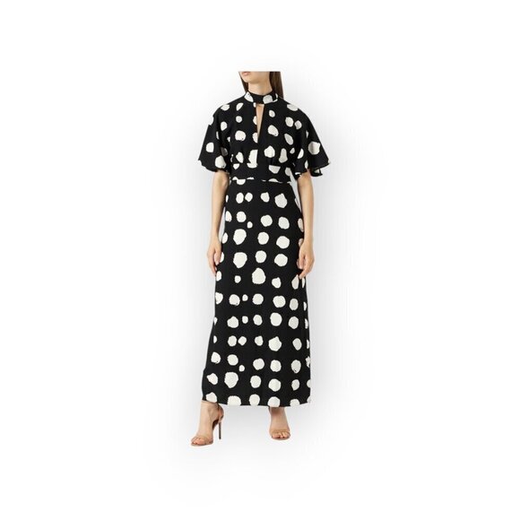 B&W Spotted Statement keyhole neck wide sleeve maxi dress size S NWT - Picture 2 of 14